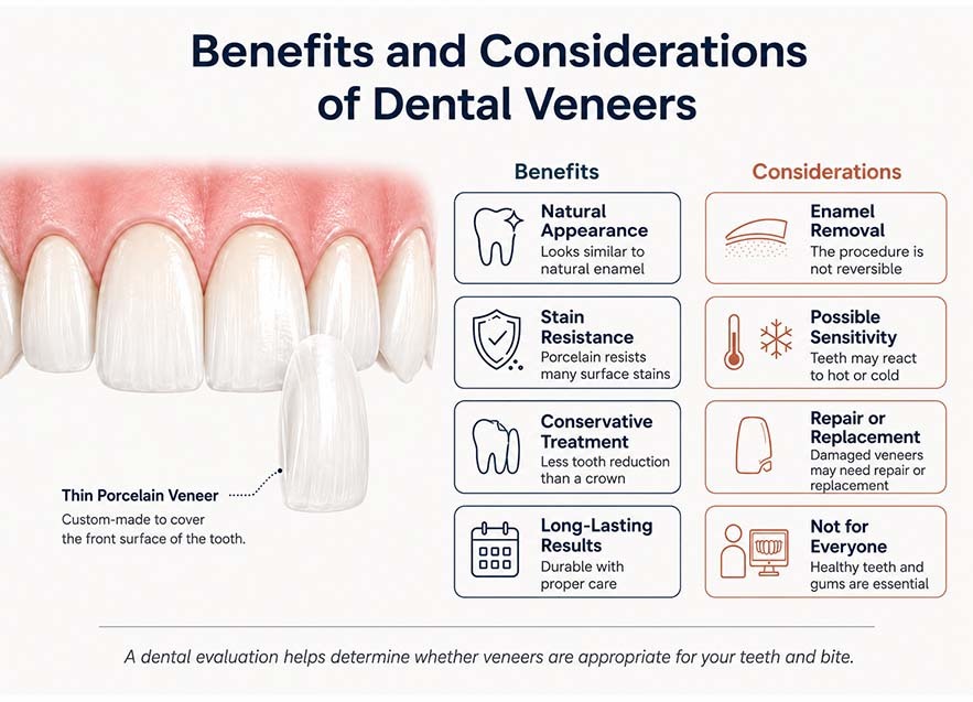"Benefits and considerations of dental veneers in Bushwick, Brooklyn, including natural appearance, stain resistance, enamel removal, sensitivity, and possible replacement.