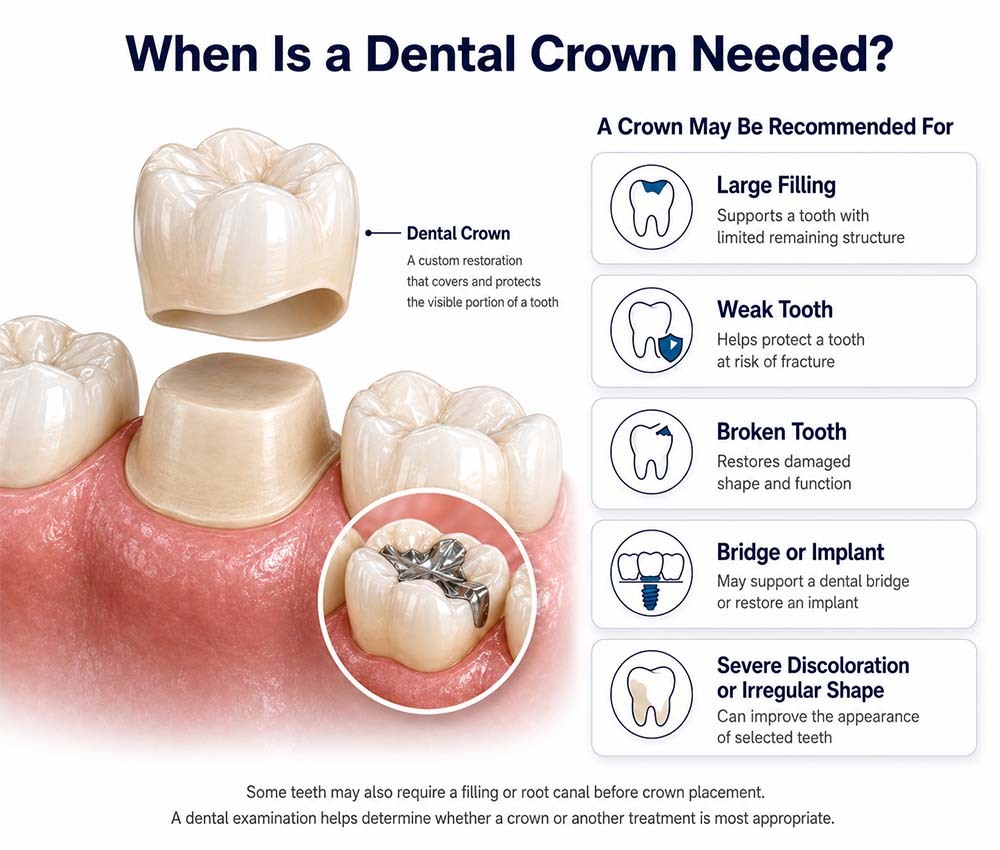 Dental crown infographic showing when a crown may be needed for a large filling, weak or broken tooth, dental bridge, implant, or severely discolored tooth in Bushwick, Brooklyn.
