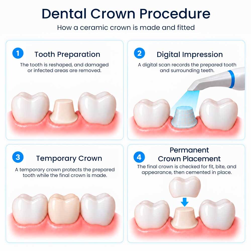 Procedimiento de colocación de una corona dental en el que se muestran la preparación del diente, la impresión digital, la corona provisional y la colocación de la corona definitiva