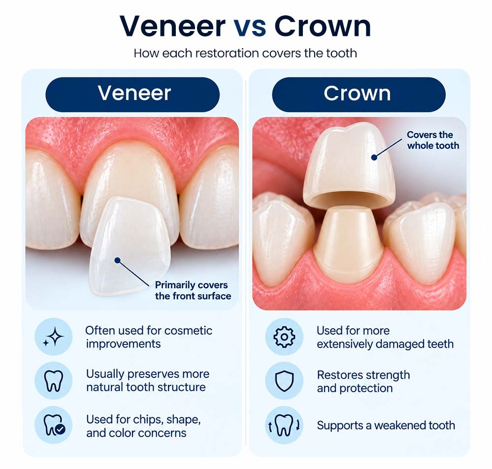 Veneer vs crown comparison showing how each dental restoration covers the tooth