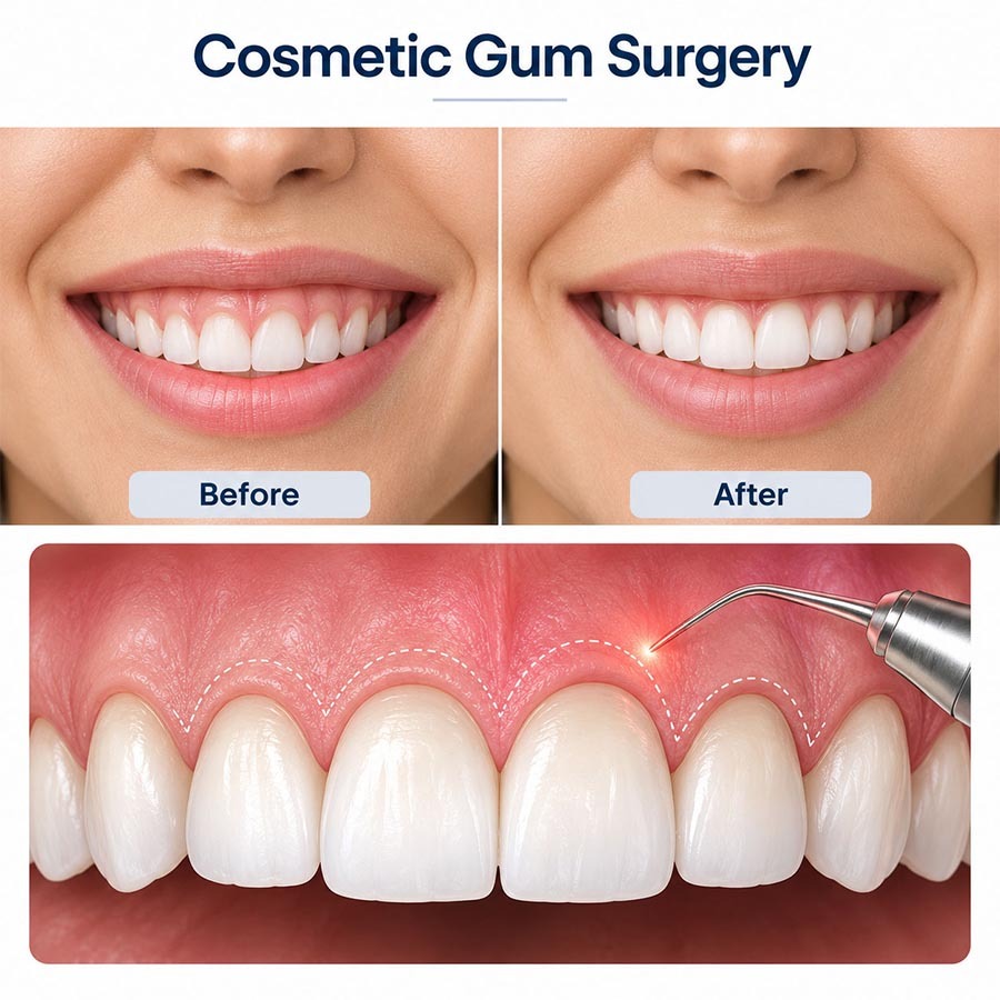 Cosmetic gum surgery illustration showing before-and-after gum contouring results and laser gum reshaping at Broadway Family Dental in Bushwick, Brooklyn, NY.